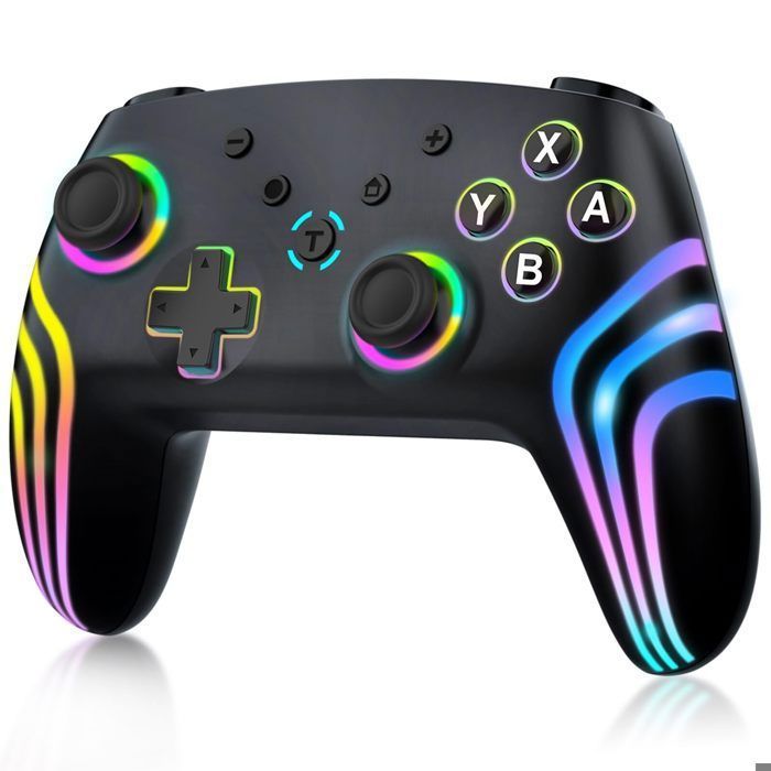 Manette de jeu sans fil Bluetooth pour Switch/Lite/OLED avec éclairage à changement de couleur RVB double vibration