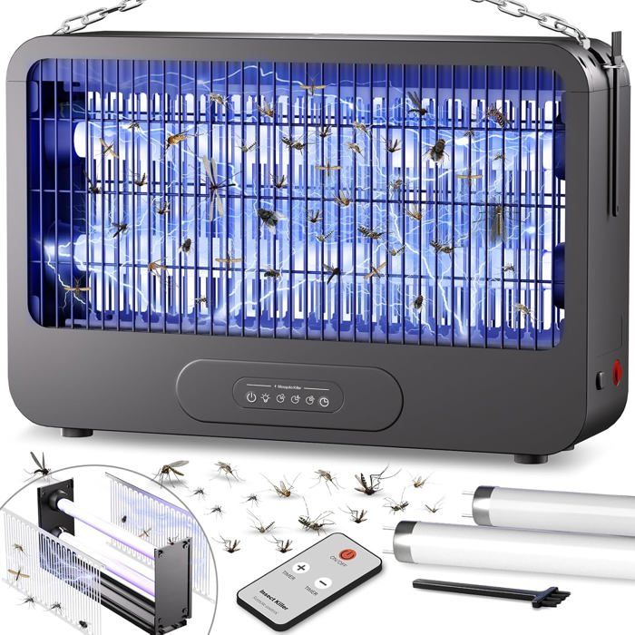 Lampe Anti-Moustique LED Avec 2 Tubes - Cordon 2 M + 2 Bases - Tue Mouches Et Insectes Volants - Pour Intérieur, Balcon - Nettoyage Facile