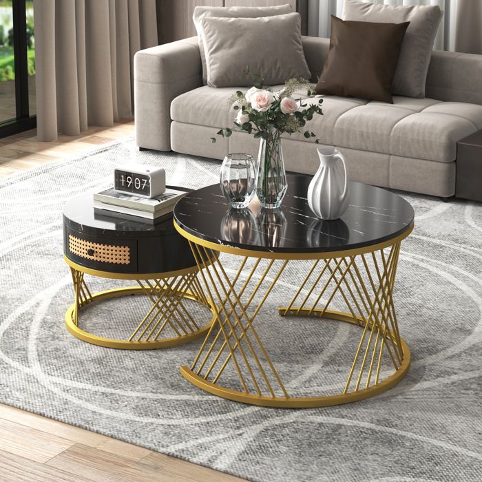 Tables Basses Gigognes Effet Marbre Brillant – 2 Pièces Avec Tiroirs – Blanc – 60 Cm & 50 Cm
