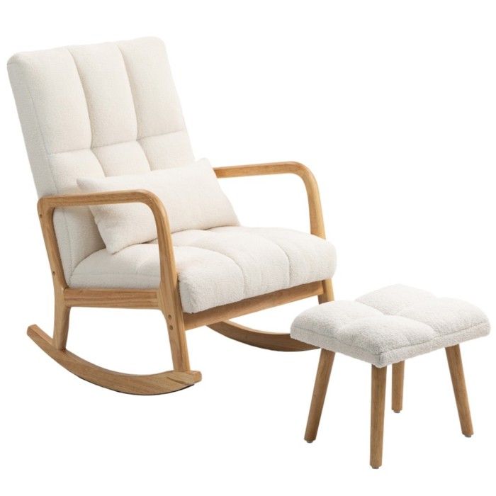 Fauteuil à bascule avec tabouret polaire accoudoirs et dossier haut - Piètement bois pivotant rembourré idéal salon/chambre - Fauteuil à bascule avec tabouret polaire accoudoirs et dossier haut - Piètement bois pivotant rembourré idéal salon/chambre -