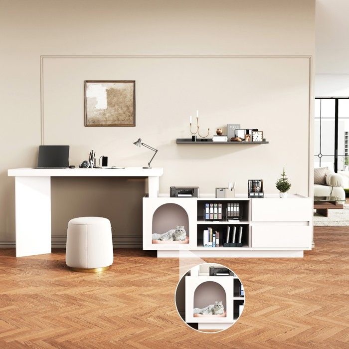 Bureau D'angle 120x50 Cm Avec Niche Pour Chat/chien - Bureau Ordinateur Maison, étagères Et Tiroirs - Noir