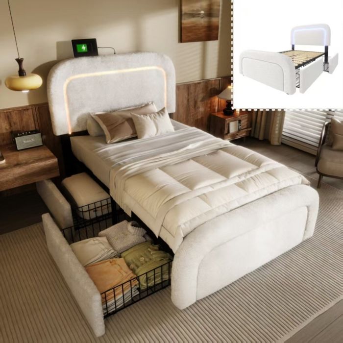Lit simple rembourré 90x200  - VVBV - en Sherpa  - 2 tiroirs - Ports USB/Type-C - Éclairage LED - Blanc