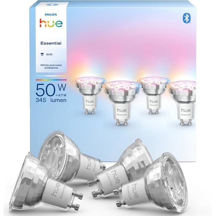 Ampoule LED GU10 - PHILIPS HUE - Philips Hue Essential Spot - Pack de 4 - Blanche et couleur - 345 lm
