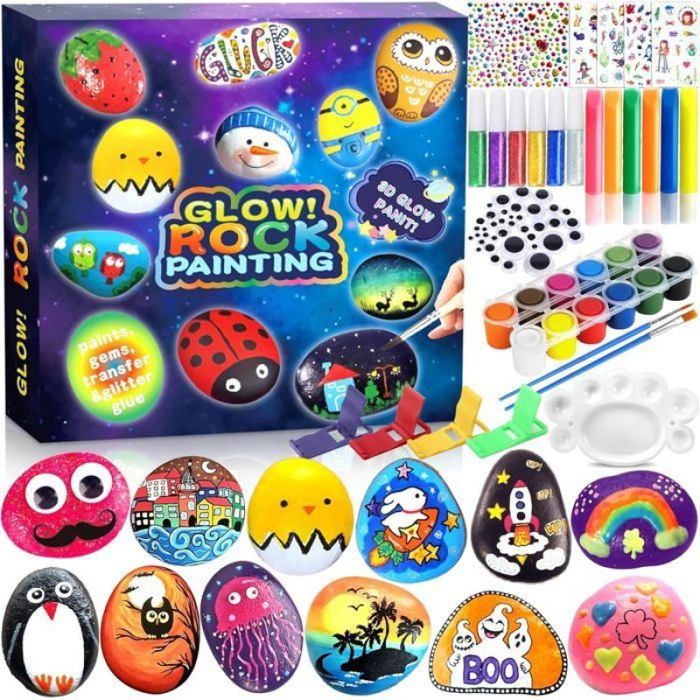 XSHAO® Kit Créatif 14 Galets à Peindre + Peintures Acryliques & Pinceaux – Pierres Plates 3-8 Cm Idéales Pour Enfants, Déco Jardin, Aquarium & Loisirs Manuels Kit Galets Aquarium