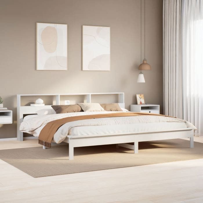 Structure de lit en bois massif - UU - 200x200 cm - Blanc - Bois de pin massif - Sommier à lattes - Tête de lit