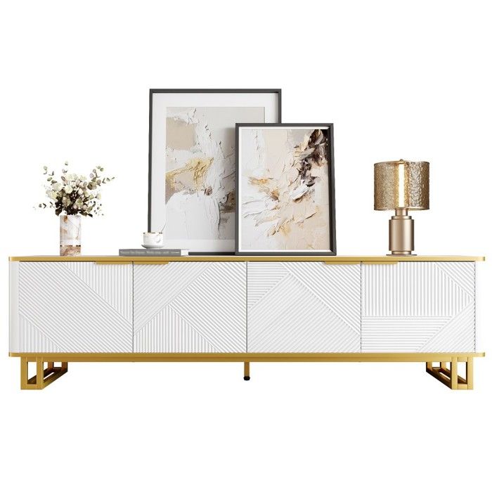 Meuble TV 160x37 5x48cm Blanc - Design Moderne à Texture Géométrique 4 Portes et Support TV Intégré pour un Rangement Salon Élégant