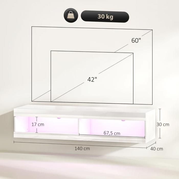 Meuble TV mural bas avec éclairage LED RGB 16 couleurs support TV avec espace de rangement ouvert 140 x 40 x 30 cm blanc brillant