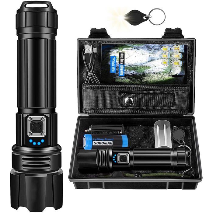 Lampe Torche LED Ultra Puissante 1000000 Lumens Lampe de Poche Rechargeable avec Batterie 5000mAh Zoomable 5 Modes IP67 Étanche
