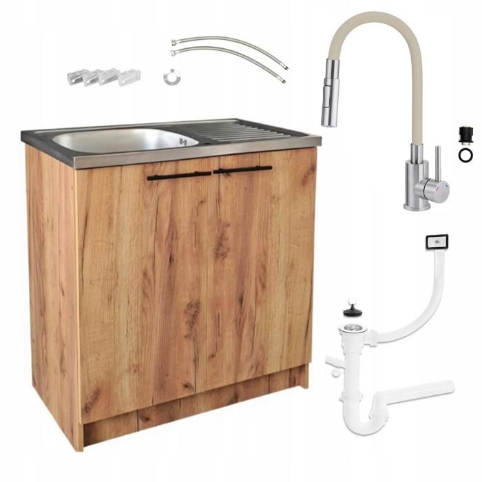 STAMAR Meuble sous Évier 80 cm Chêne Doré + Évier Deante Inox + Robinet Extensible 2-en-1 Beige + Siphon LV - 80x49x82 cm