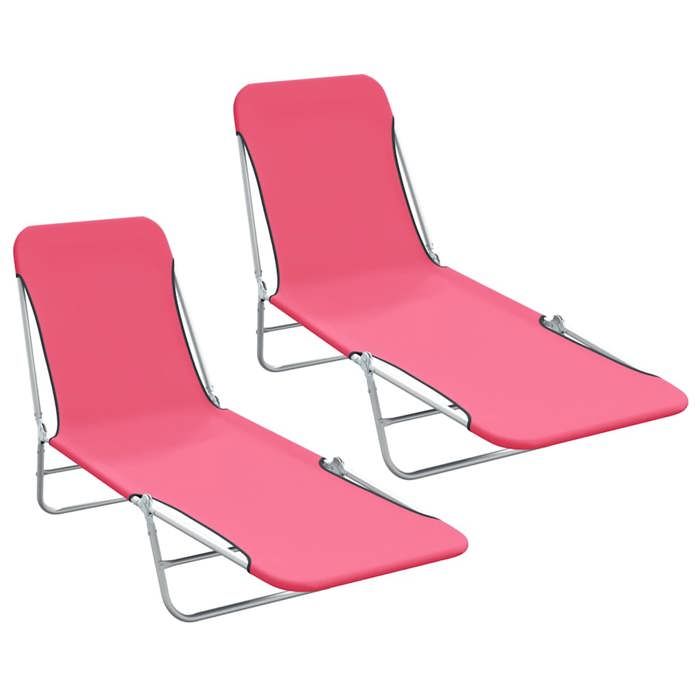 Rose Chaises longues pliables lot de 2 Acier et tissu Rose - Bain de soleil H16442