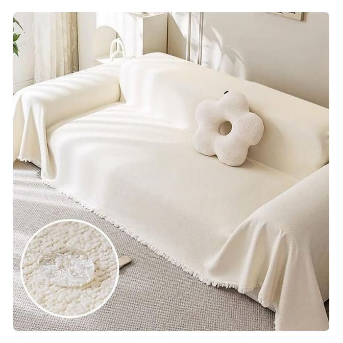 180x230cm Plaid Canape Grand Format Crème Imperméable Anti Griffe Chat Couverture Universelle 1-2 Places Angle Décorative Housse