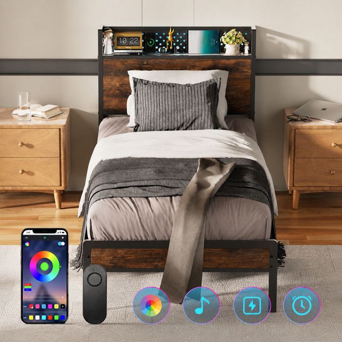 Lit Simple Métal Bois 90x200cm Marron - LED + 3 Ports USB & 1 Type-C - Rangement Tête et Pied - 14 Sommier Lattes - Lit 1 Places