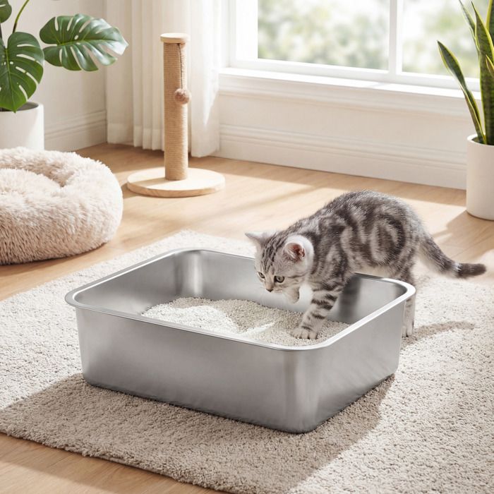 Meilleurs prix pour Bac à Litière pour Chats en Acier Inoxydable Ouvert pour Petits Chats 45 x 35 x 15 cm Argent