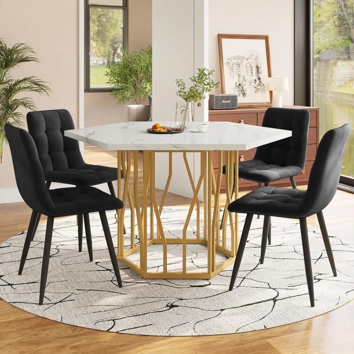Ensemble table et chaises salle a manger hexagonale en marbre Table à manger avec 4 chaises en velours noir et pieds de table dorés