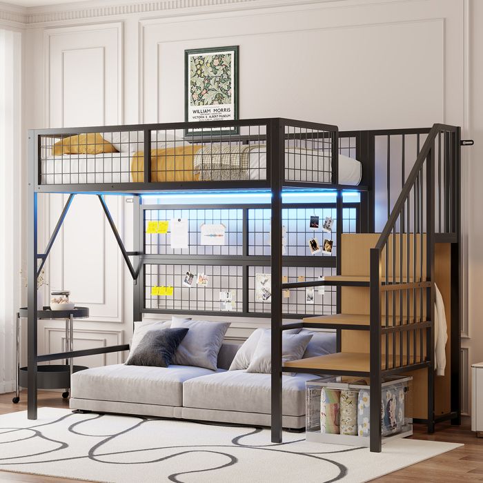 Lit mezzanine simple 90×200 cm LED réglable escalier avec rangement et penderie - MEUNIQ - sans matelas métal noir