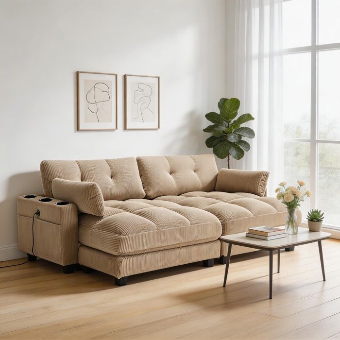 Fauteuil relax - Fauteuil Palm - Velours côtelé rayé - Kaki - Recharge USB