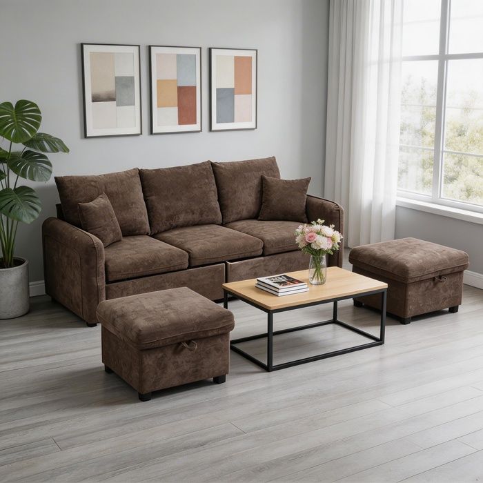 Canapés - 3 places convertible - Tissu chenille brun antique - Rangement tiroirs - 2 poufs amovibles