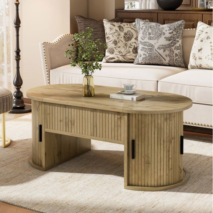 Table basse ovale relevable en chêne avec portes coulissantes et rangements