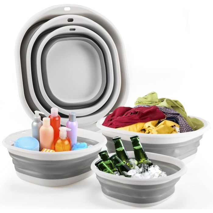 Baignoire pliable lavabo bassine à linge ensemble 3 pièces panier à linge pliable bassine à vaisselle pliable (gris)