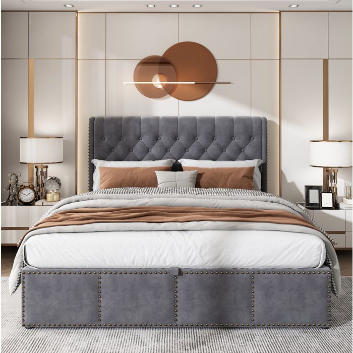 ULEVR lit coffre 140 x 190 cm en velours gris avec sommier a lattes inclus tete de lit 103 cm sans matelas