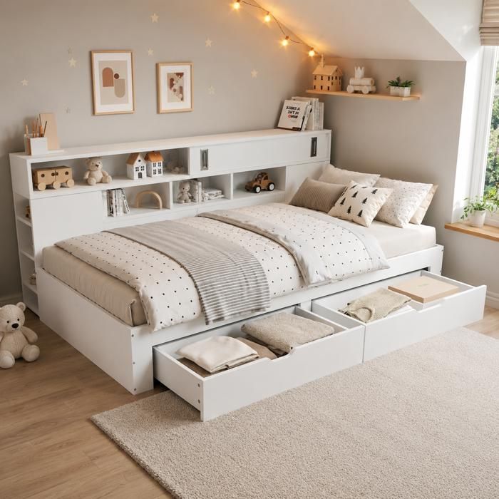 Lit enfant 140x190 cm blanc avec tiroirs et armoire lit de jour multifonction avec rangements et étagère sans matelas