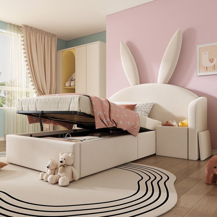 Lit Enfant 90x190 avec tête de lit oreilles de lapin Lit capitonné avec angement hydraulique et table de chevet Velours Beige