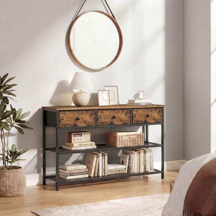 Console 3 Tiroirs en Tissu 2 Étagères Grillagées pour Couloir Salon Marron Console 3 Tiroirs en Tissu 2 Étagères Grillagées pour Couloir Salon Marron