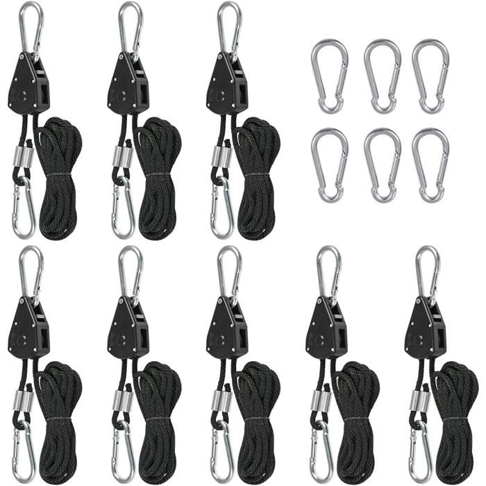 Corde à cliquet réglable avec crochet - 8 poulies 150 lbs 6 mousquetons de rechange - Pour lampe de culture et voile dombrage