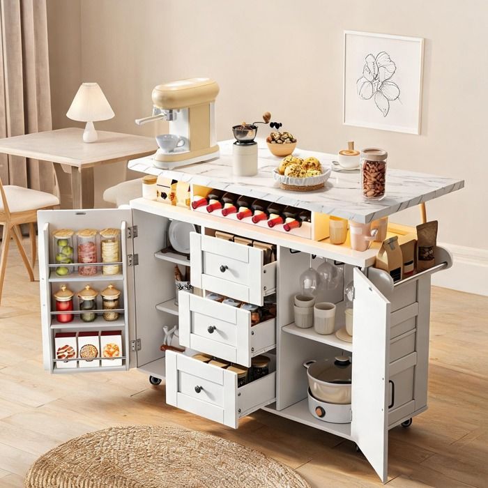 Îlot de cuisine mobile blanc 120x60x93 cm avec plan de travail rabattable 5 roues porte-bouteilles et porte-verres