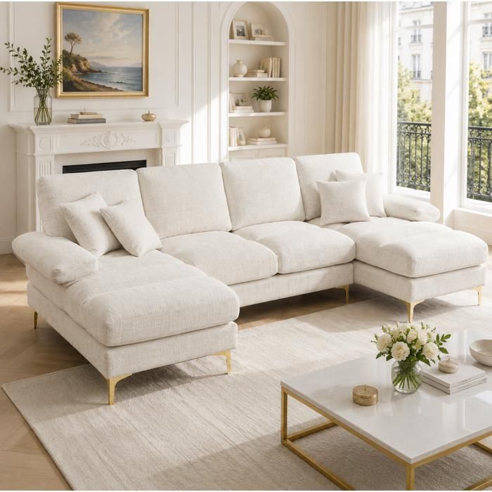 COVREO Canapé en U 272x136x88 cm en chenille beige 4 places double méridienne et pieds métal doré