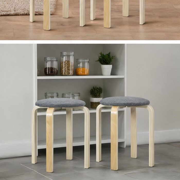 Tabourets empilables ronds gris ardoise avec assise en tissu effet lin lot de 4 gain de place pour salle à manger ou cuisine