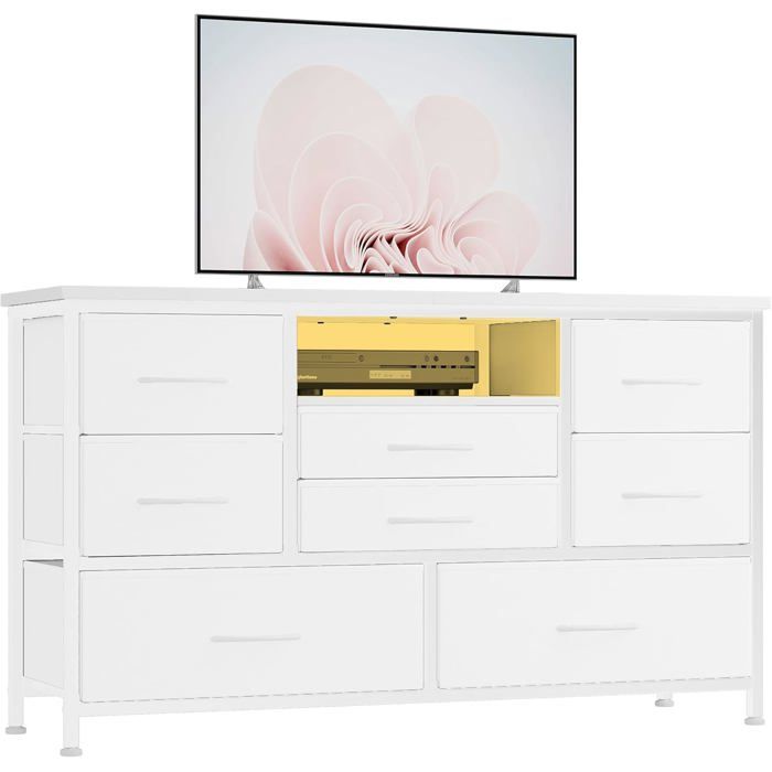 Meuble TV avec tiroirs en tissuCommode avec tiroirssupport TV avec éclairage LED cadre en métalpour chambre à coucher blanc