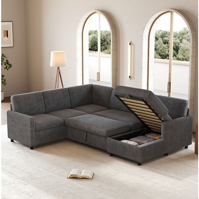 Canapé Panoramique en U 5 Places - avec Fonction Couchage Extractible et Méridienne Coffre - en Gros Cordon Gris 274 × 220 × 85 cm