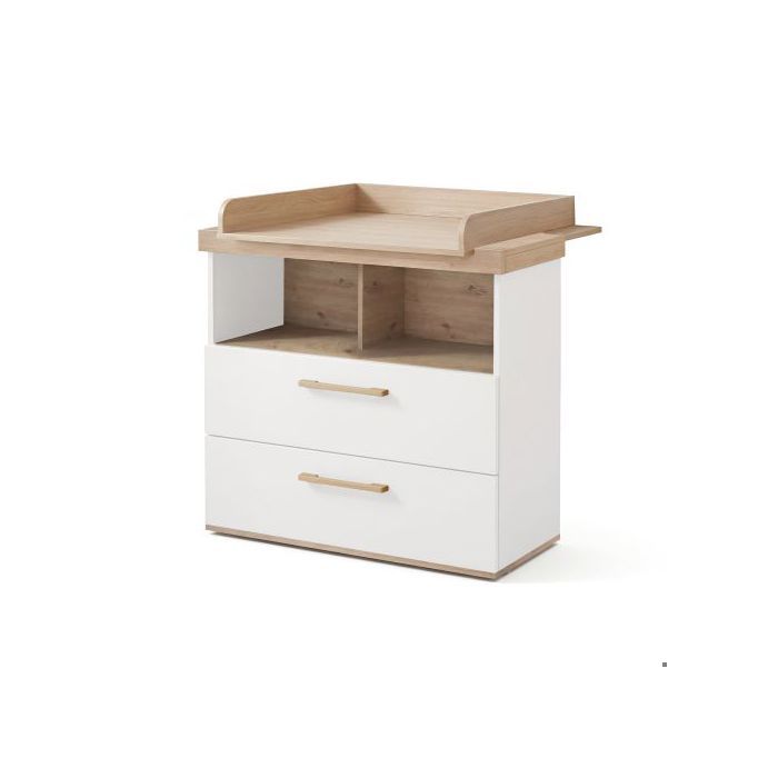 Commode à langer Jimmy avec tiroir / compartiment ouvert – poignées en bois massif – blanc / chêne Commode à langer Jimmy avec tiroir / compartiment ouvert – poignées en bois massif – blanc / chêne