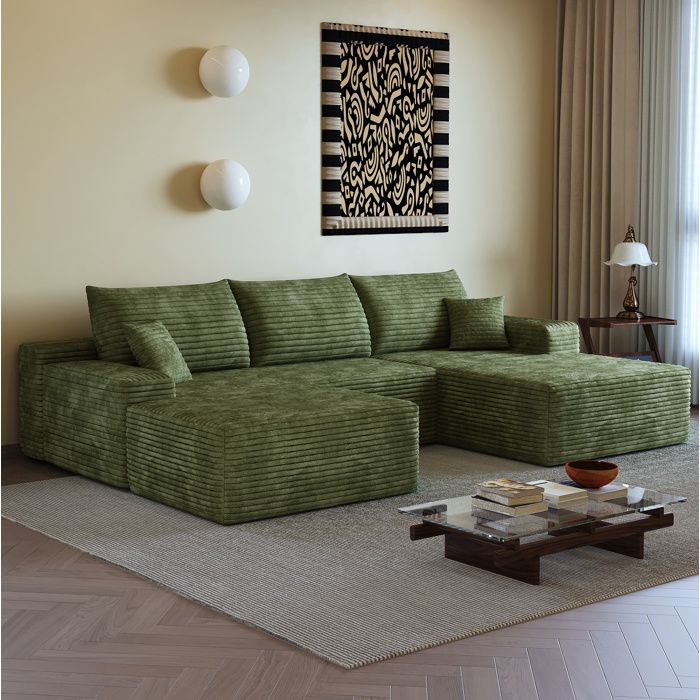 ULEVR Canapé dangle modulable vert 4 places chaise longue réversible corduroy assise profonde 270 cm