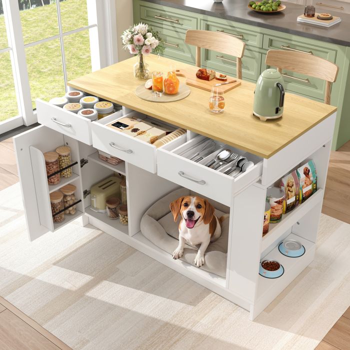 Îlot de cuisine 120x60x90 cm avec 3 tiroirs étagère réglable range-épices latéral niche ouverte blanc et bois