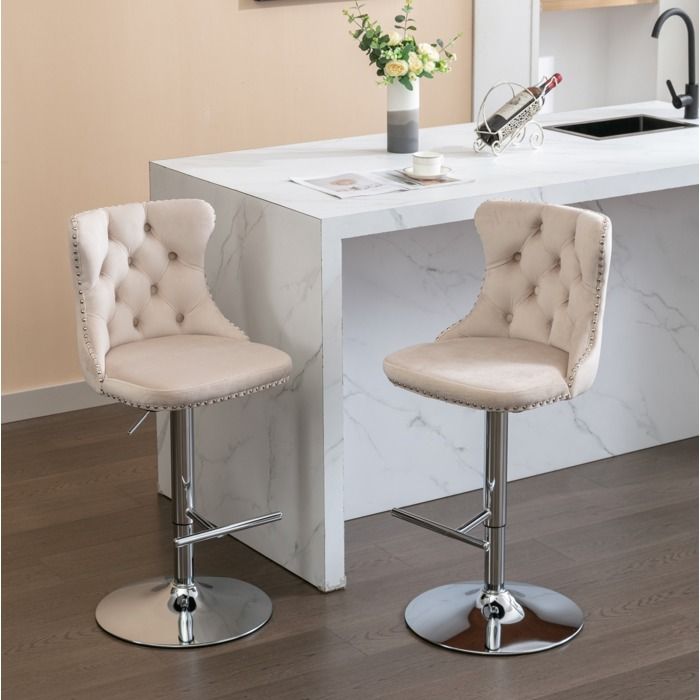 ULEVR Tabourets de bar pivotants en velours beige hauteur réglable dossier capitonné lot de 2