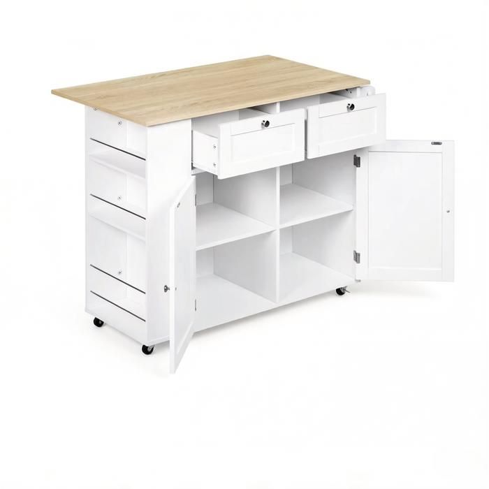Îlot central de cuisine roulant – plateau rabattable – blanc et chêne clair – 2 tiroirs