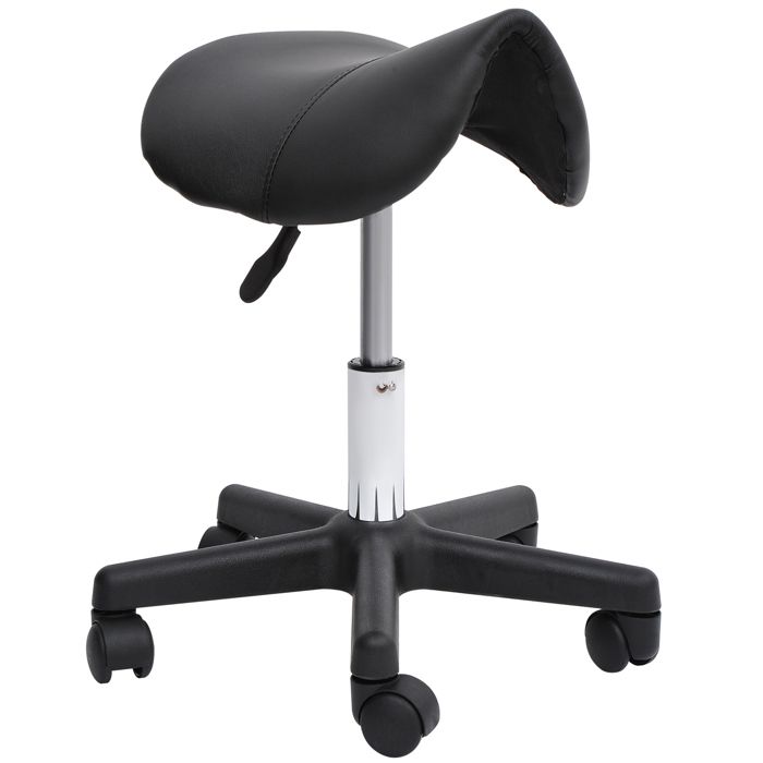 Tabouret à roulettes réglable – Simili cuir noir – Rotation 360° – Base 5 roulettes – Métal