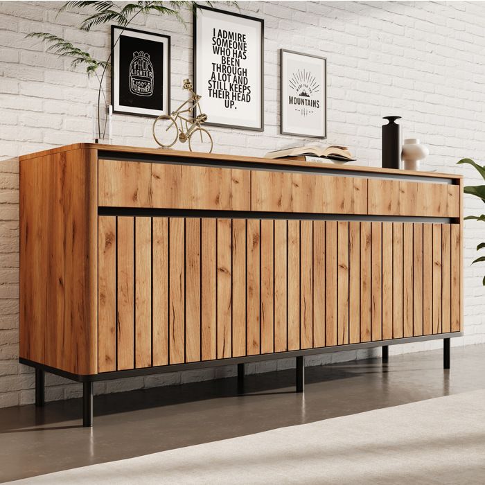 COVREO Buffet bas 160 x 40 x 73 cm meuble TV 3 tiroirs 3 portes a lames MDF aspect chene bois naturel