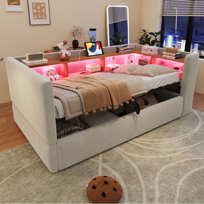 Lit combiné 90 x 190 cm gris clair avec rangement hydraulique LED intégrée et prises intégrées