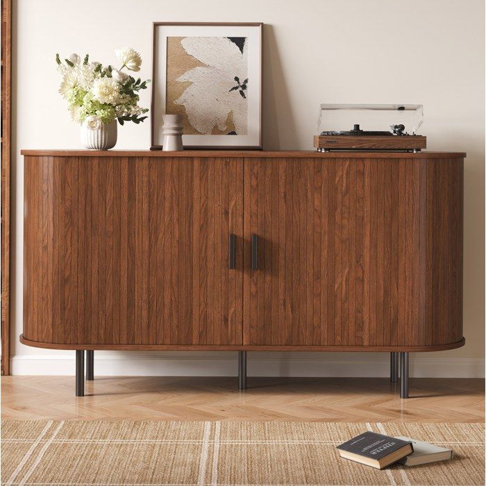 Buffet Bas Noyer Bahut Moderne FloraGrace Pour Salon Avec 2 Portes Coulissantes 140x40x75cm