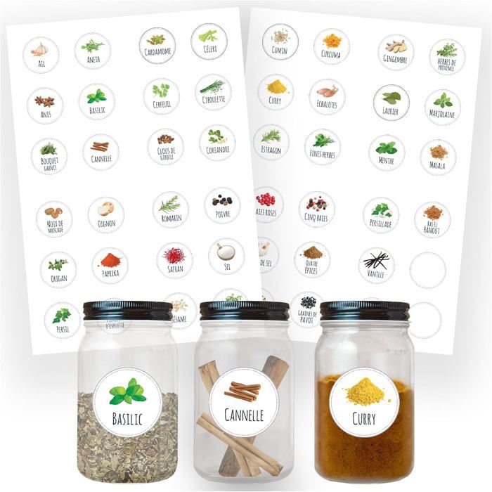 Étiquettes Autocollantes Bocaux Rondes Ø 35mm-Lot de 45+3 vierges personnalisable-Prêtes à lEmploi-Etiquette Epices Français