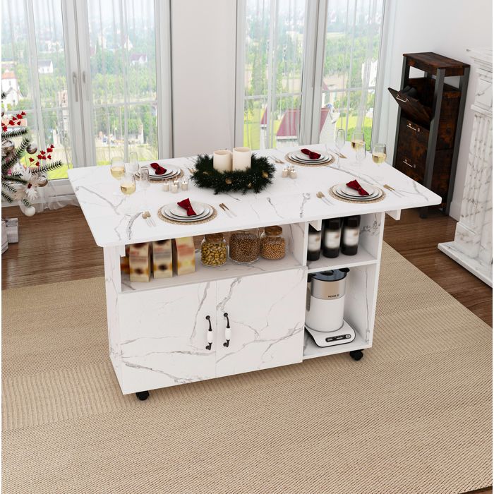 Modenuit table de cuisine pliante mobile 110 x 70 x 80 cm avec rangements 5 roulettes MDF blanc aspect marbre