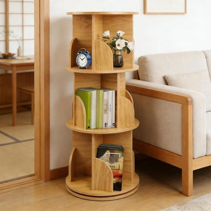 OHMG-Armoire Tournante En Bois-Bibliothèque Pivotante (3 Étagères)-Avec Déflecteurt-Rotation À 360°-40*40*97cm-Bois Naturel