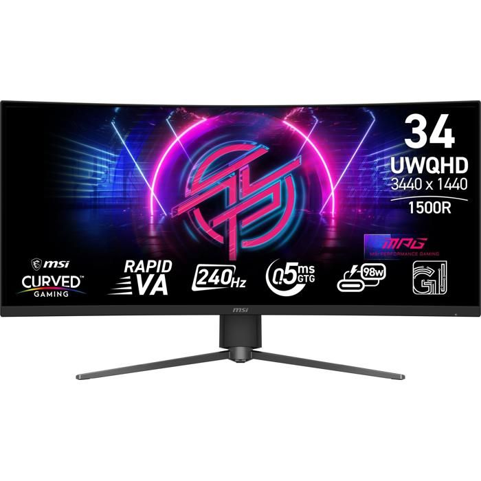 MSI MPG 346CQRFDE X24 Gaming Monitor gebogen 86.4 cm 34`` 3440 x 1440 UWQHD @ 240 Hz Rapid VA 400 cdm² 4000:1 DisplayHDR 400 0.5 ms 2xHDMI DisplayPort 9S6 3DD94M 002 Neuf - vue 1