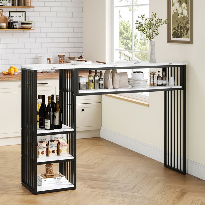 Table de Bar 140x40x105 cm avec Rangement 3 Étagères et Plateau Effet Marbre - MDF et Métal - Blanc et Noir
