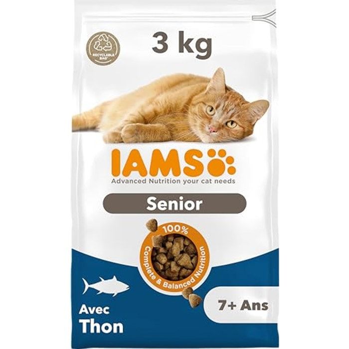 Croquettes pour chat senior - IAMS - Advanced Nutrition Senior 7+ Thon - 3 kg - Faible en graisses - Sans blé