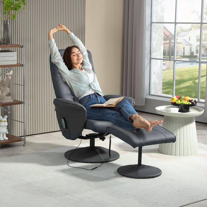 Fauteuil massant avec repose-pieds dossier inclinable pivotant à 360° similicuir et tissu gris foncé 76 x 81 x 105 cm