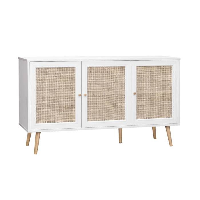 Buffet de rangement en cannage. blanc cassé 120x39x70cm - Bohème - 2 niveaux. 3 portes. pieds scandinaves. buffet bas
